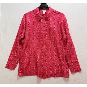 Coldwater Creek Button Up Top Womens L Rose‎ Red Popcorn Crinkle Textured